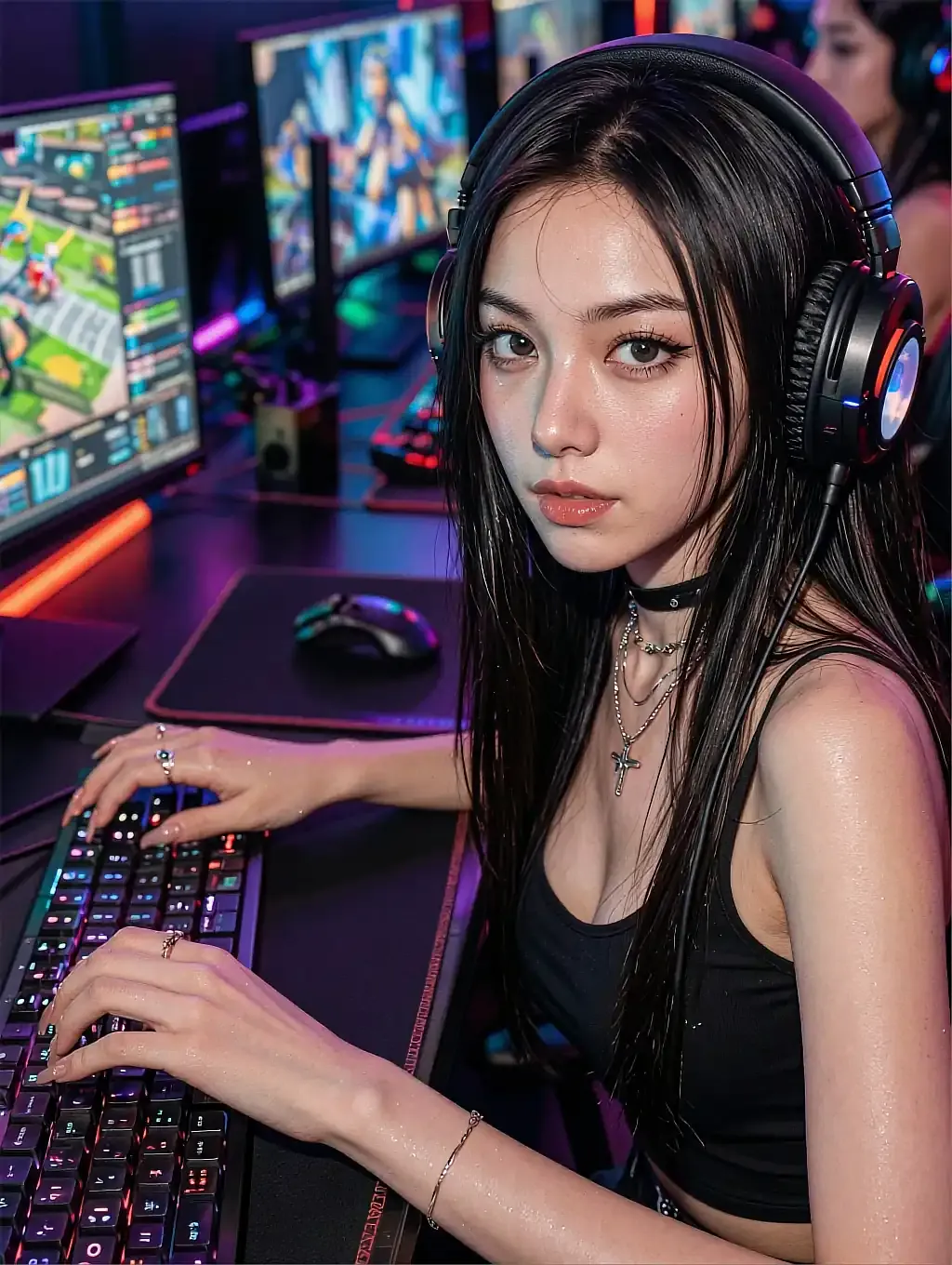 Fictional AI character in headphones at a lit gaming keyboard, shown in save slot one